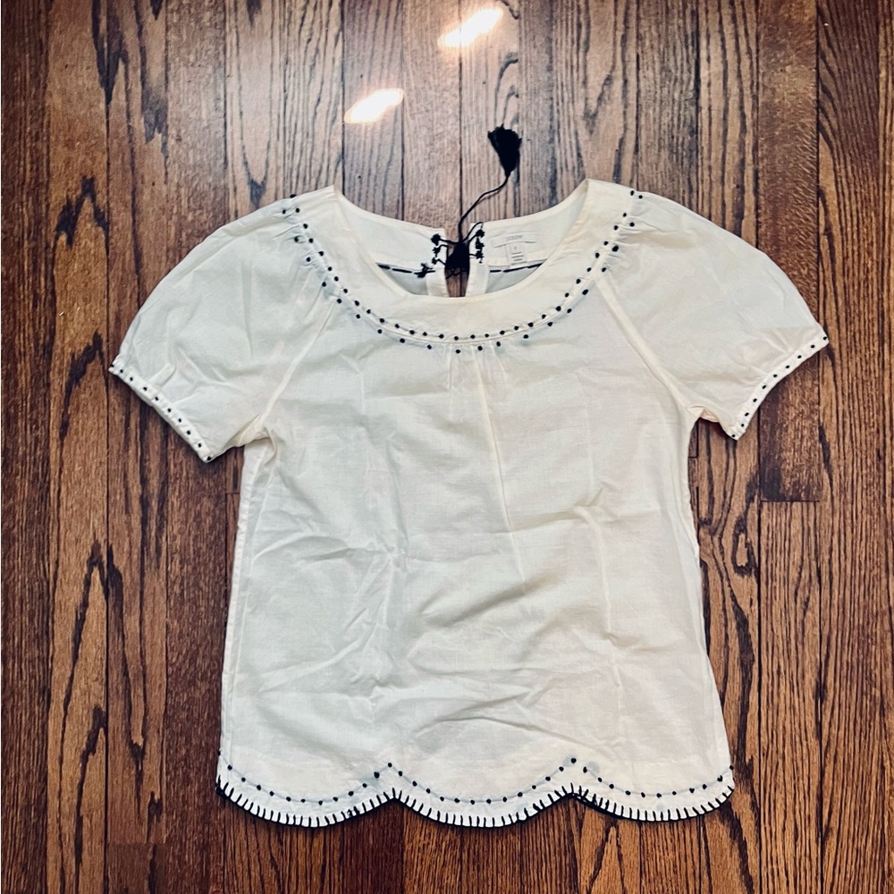 J. Crew Bevin Blouse Cream Top with Scallop Hem and Black Detailing